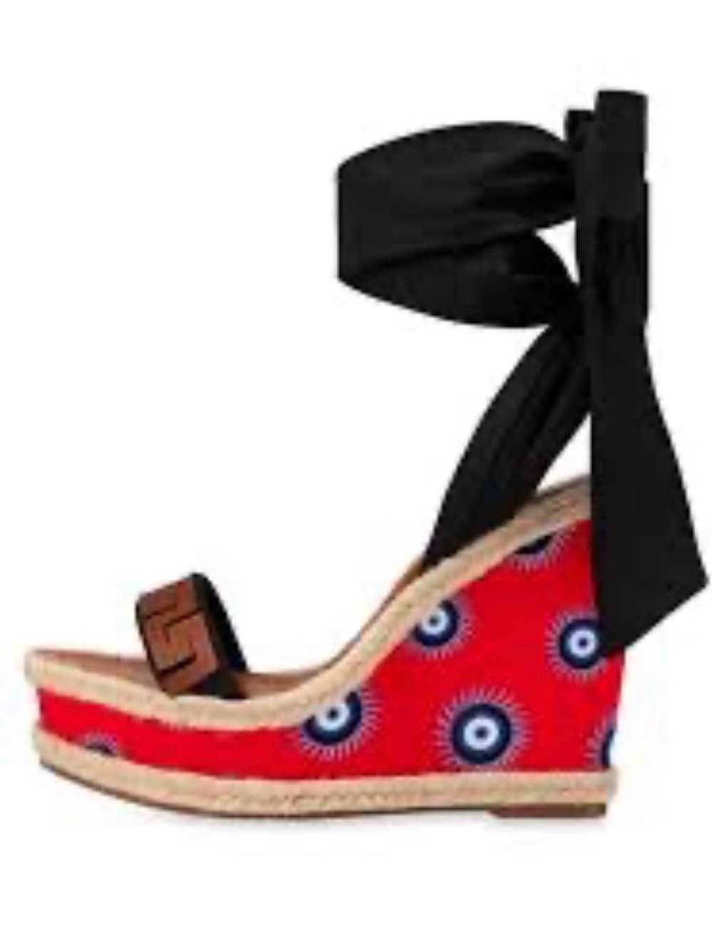 Christian Louboutin Athina Evil Eye Wedge Sandals with Black Ankle Tie